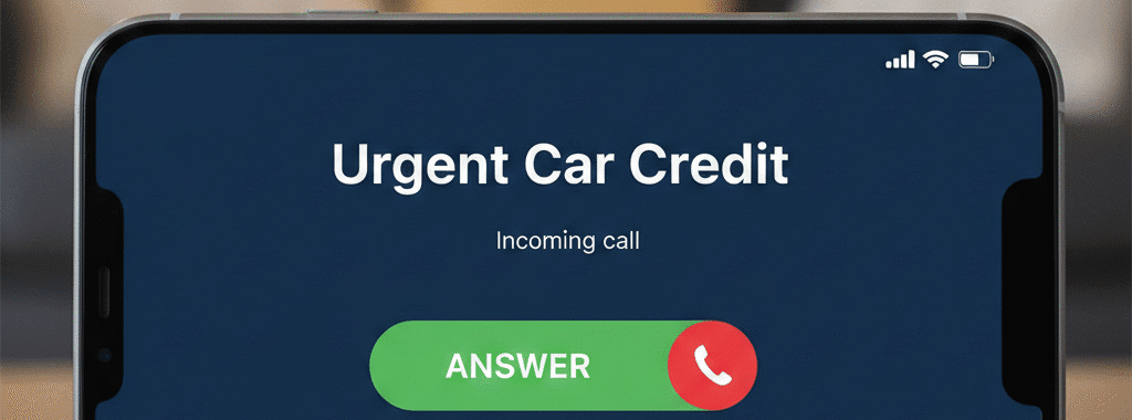 A phone screen shows an incoming call from "Urgent Car Credit" with a green "ANSWER" button. The screen reads, "This could be your approval call."